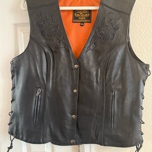 Milwaukee women’s motorcycle riding Black Leather Vest with Embroidered Details